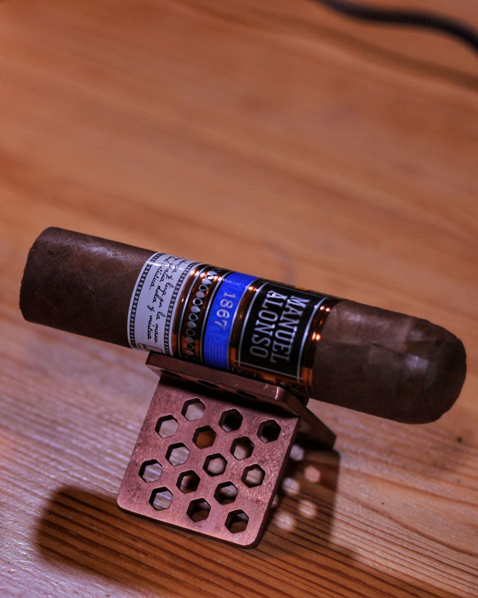 custom-made-titanium-cigar-stand-bronze-color-beehive-pattern.jpg